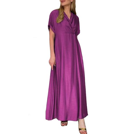 Весеннее женское платье с V-образным вырезом и коротким рукавом, свободное, трапециевидное, чистого цвета, длиной до щиколотки