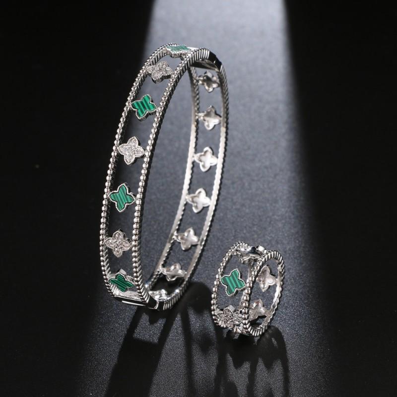Lucky Clover Zircon Hollow Bracelet Ring Set Delicate Versatile Finger Rings Women