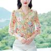 Mom's Chiffon Shirt Women's Summer New Three Quarter Sleeve Floral Print Blouse Fashion V Neck Bottoming Top