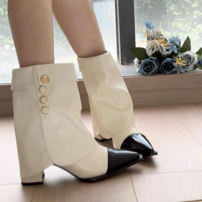 Модные Ботинки Средней Высоты с Острым Носком, Рукавом, Мягкой Подошвой, Противоскользящие, Износостойкие, На Блочном Каблуке, С Металлической Пряжкой, Контрастные