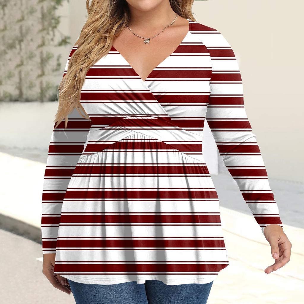 Женская рубашка большого размера с длинным рукавом, принт, плиссированный повседневный топ с V-образным вырезом