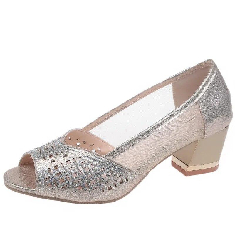 Женские сандалии в сетку со стразами размера плюс 43, новинка 2023 года, летние пикантные модные офисные женские сандалии на высоком каблуке с открытым носком