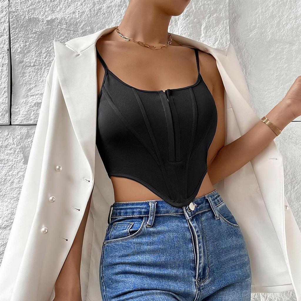 Fish Bone Diamond Tank Top U Neck Breast Crop Tops Women Summer Camis Solid Color Camisole Fashion Tube Female Sleeveless Cropped Vest Y2K Clothes