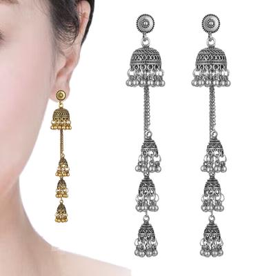 Ретро Болливуд окисленные женские индийские серьги Jhumka женские этнические золотые серебряные афганские колокольчики длинные кисточки-капли