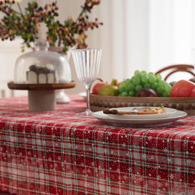 American Cotton Linen Christmas Tablecloth Holiday Plaid Dining Table Cover Snowflake Pattern
