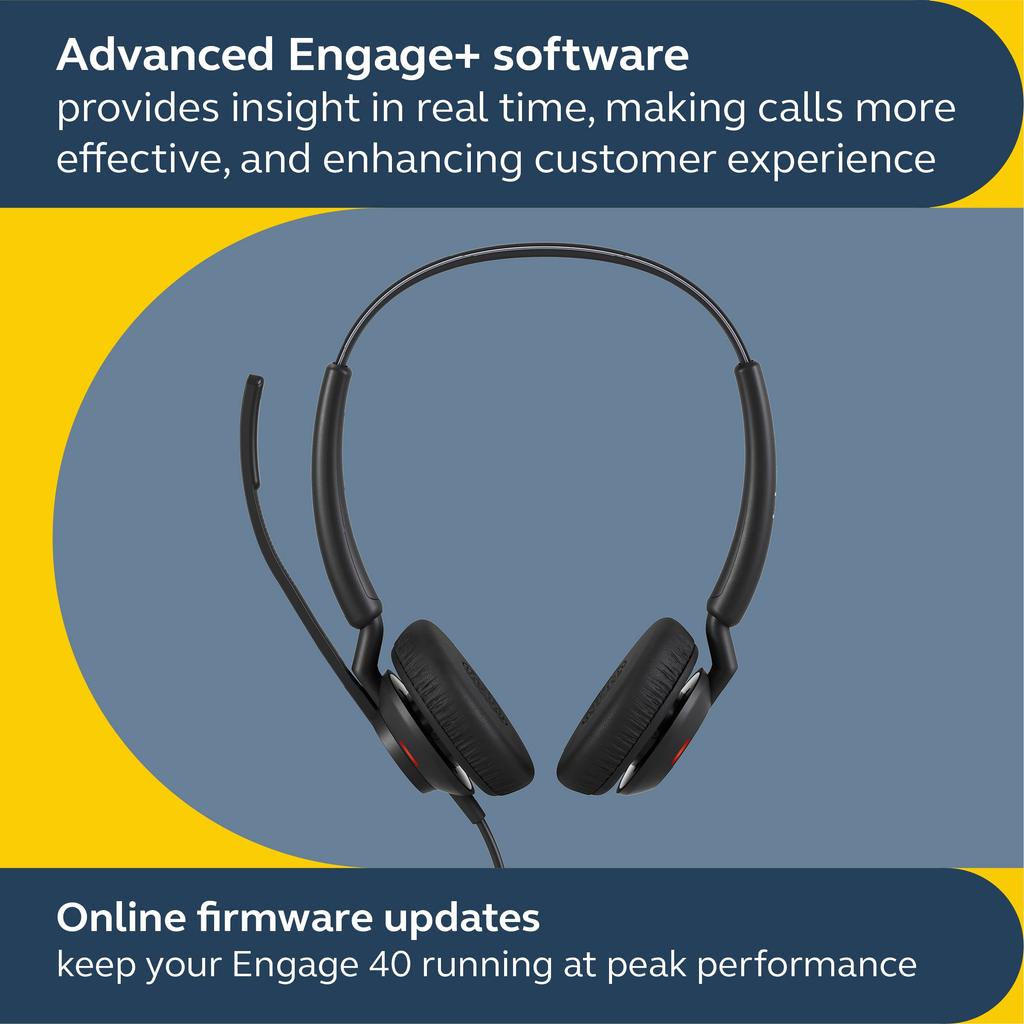 Jabra Engage 40 Проводная стерео гарнитура с микрофоном на проводе для звонков, шумоподавление, совместимая с MS Team, другие черные наушники, управление, 2-микрофонная технология, ультралегкая