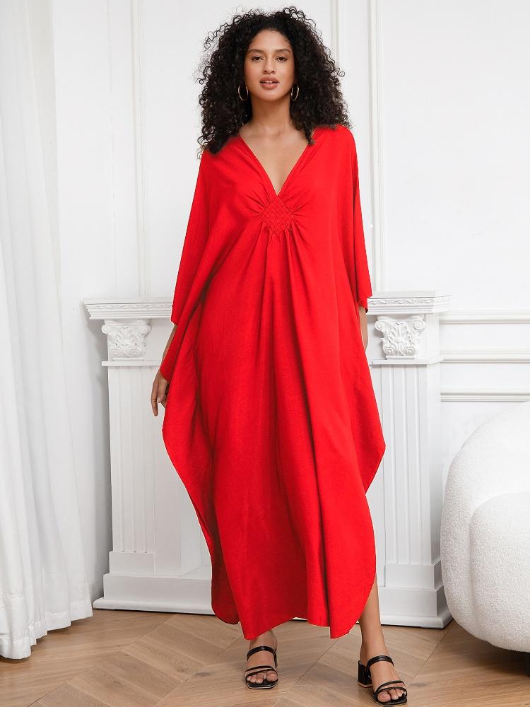 EDOLYNSA Red Women's Kaftan Long Dress Robe Holiday Cover Up Bat Sleeves Beach Dress Lounge wear Q1306