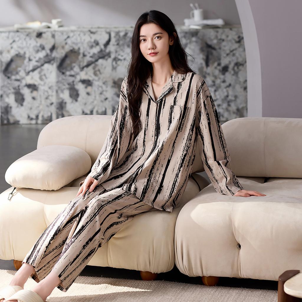 Couple Pajamas Men'S And Women'S Spring And Autumn Autumn Pure Cotton Striped Long Sleeves Can Be Worn Outside Loungewear Suit
