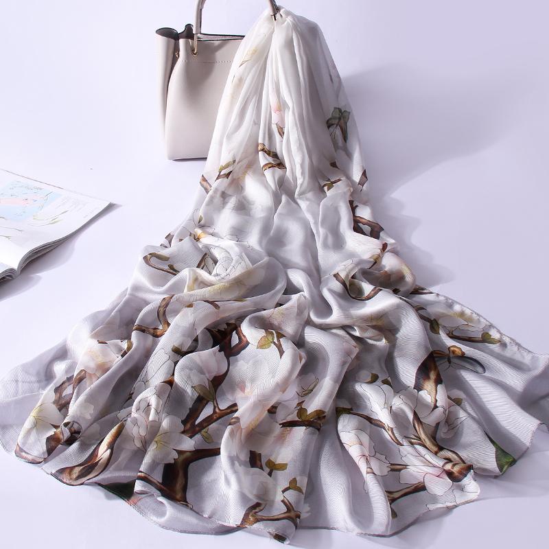 Осень 100% Шелк Длинный Шарф на Шею Женский Ханчжоуский Шелк Шали Парео Принтованный Фуляр Женский Буфанда Роскошный Большой Платок на Голову 110X190СМ