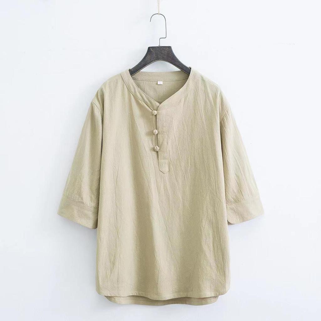 Мужской летний хлопково-льняной комплект в китайском стиле с застежками-лягушками и рукавами три четверти