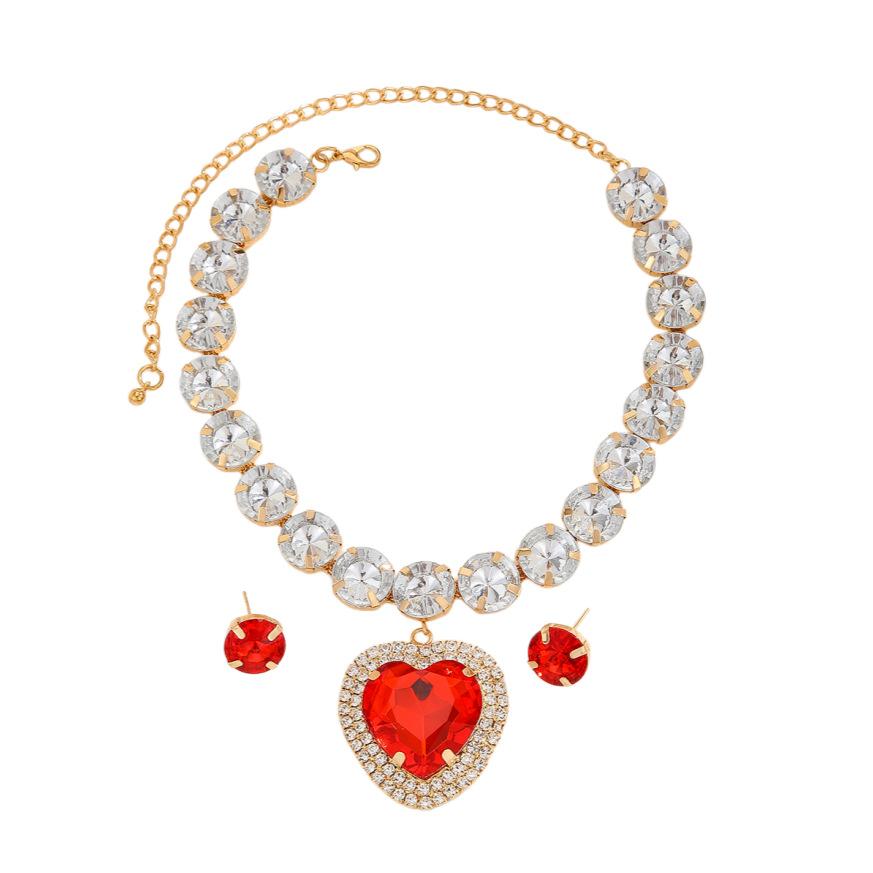 Exaggerated European and American Heart-Shaped Diamond Necklace and Earrings Set Red acrylic pendant dress accessory bridal jewelry