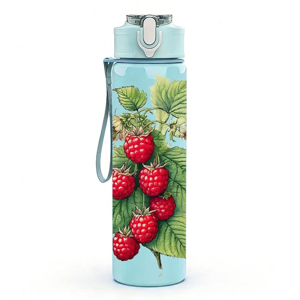 1PC Red Berry Fruit Branch Plant Print 750ml Color Plastic Sports Water Bottle Leakproof Flip Straw Lid Suitable for Sports Office Home Use