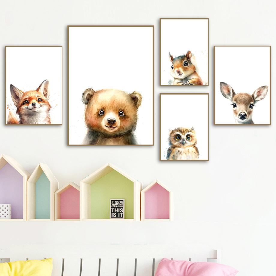 Woodland Owl Fox Deer Bear Raccoon Squirrel Nursery Wall Art Canvas Painting Posters And Prints Modern Baby Kids Bedroom Decor