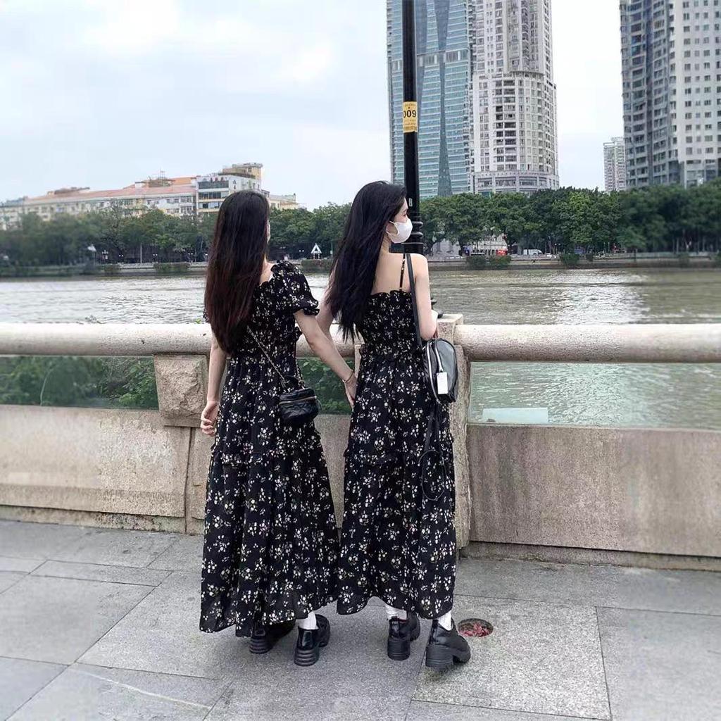 Летнее платье из шифона с цветочным принтом для женщин - дизайн 2025 года с утягивающей талией, разрезом и квадратным вырезом горловины