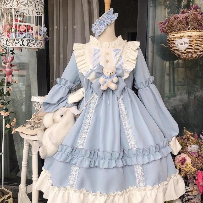 Японское готическое платье Лолиты, женское кавайное кружевное синее платье с бантом и медведем, платье принцессы с длинными рукавами, костюм на Хэллоуин, подарок для девочек
