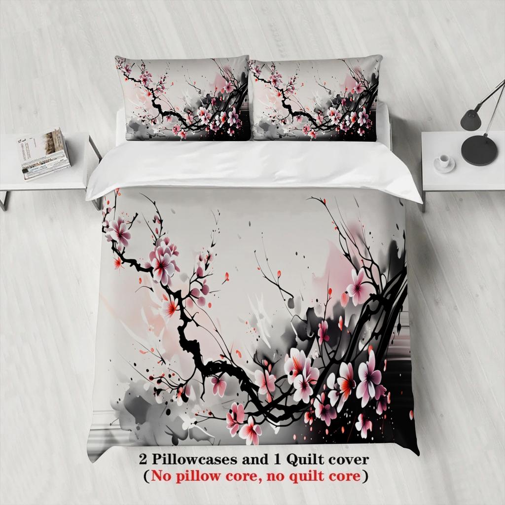 3pcs Cherry Blossom Bedding Sets 3D Printed Pink And Black Floral Pattern Duvet Cover Sets With Pillowcases No Filling For Adult