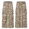 Mens Camo Cargo Pants Vintage Distressed Baggy Pleated Wide Leg Trousers Streetwear