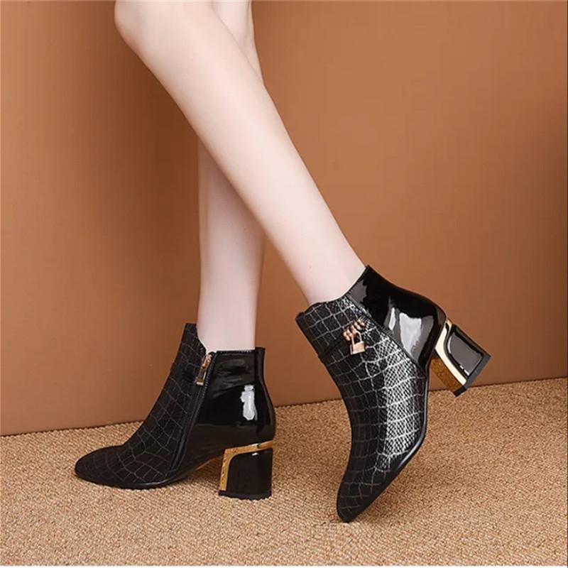 Cresfimix Botas Femininas Женская мода Высокое качество Черный клетчатый узор Высокий каблук Осенние сапоги Женская повседневная зимняя обувь A527