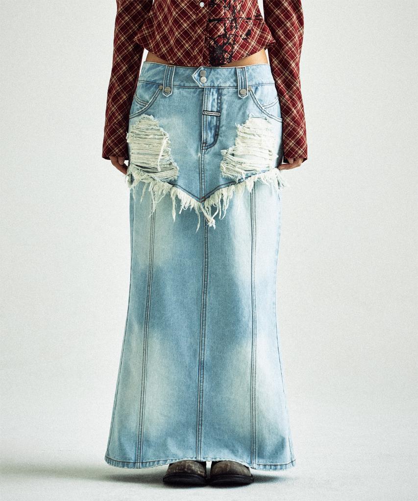THEVINYLHOUSE Разрушенная Джинсовая Юбка Double Denim Светло-Синяя