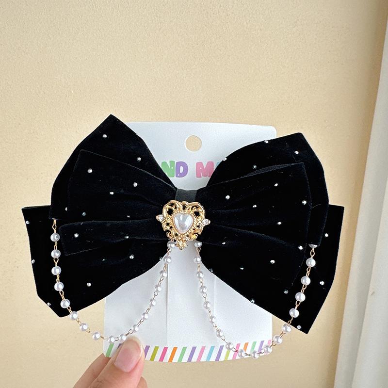 Головной убор с жемчугом и бантом для девочки, сетчатая бархатная заколка для волос, аксессуар для волос для вечеринки и танцев, заколка для волос, красная, милая, для маленькой девочки, аксессуары для волос