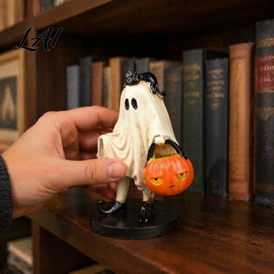Artistic Desktop Collection Vintage Halloween Ghost Figurine Cute Spooky Resin Statue with Pumpkin Figurine Bucket And Black Cat for Indoor