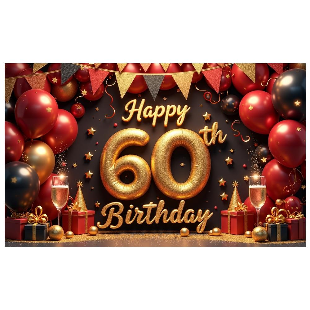 Фон для 60-летия Блестящее золотое покрытие Баннер «Счастливого 60-летия» Фотозона для дня рождения Элементы в виде бокалов для шампанского