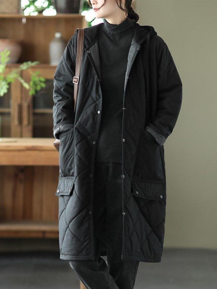 Осеннее винтажное пальто большого размера с капюшоном в виде ромба, женская зимняя новая хлопковая куртка, свободная повседневная куртка средней длины с контрастными цветами и подкладкой из хлопка