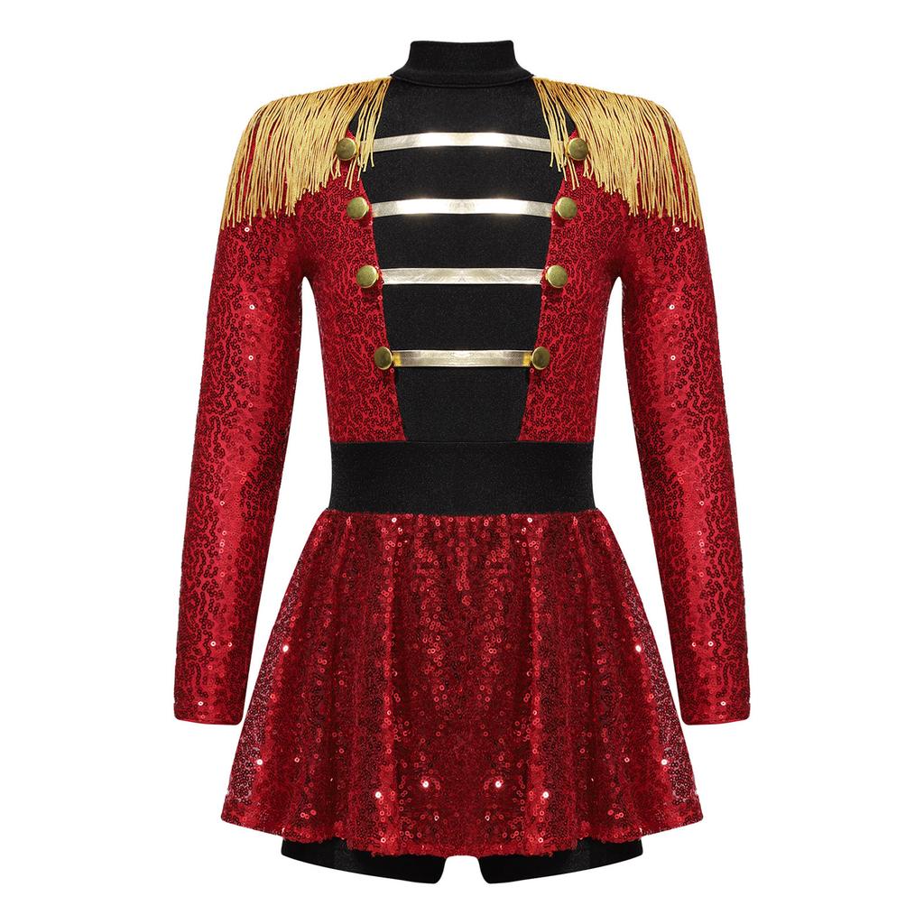 Girls Ringmaster Circus Costume Long Sleeve Tassel Epaulet Shiny Sequins Design Jumpsuit Dress