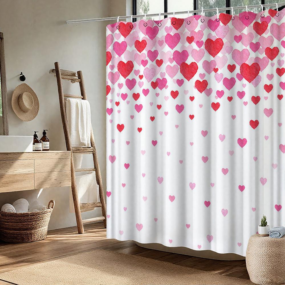 Valentine'S Day Heart Shower Curtain Pink Red Gradient Pattern Waterproof Polyester Bath Curtain With Hooks For Bathroom Decor