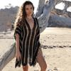 2024 сексуальное ажурное мини-платье с глубоким V-образным вырезом в полоску, связанное крючком, женская летняя одежда больших размеров, пляжная одежда, купальник, накидка Q1369