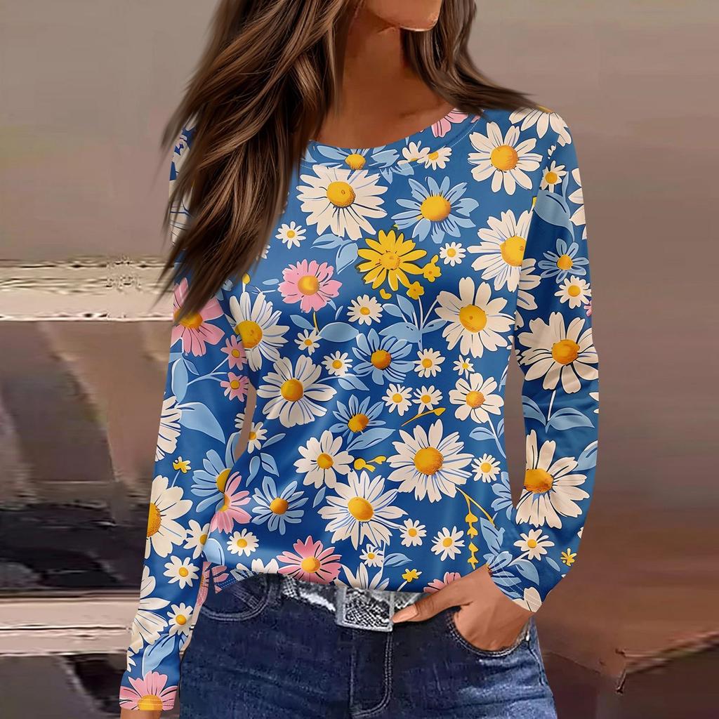 Женская модная повседневная свободная футболка с принтом и круглым вырезом с разрезом и длинным рукавом, женский топ