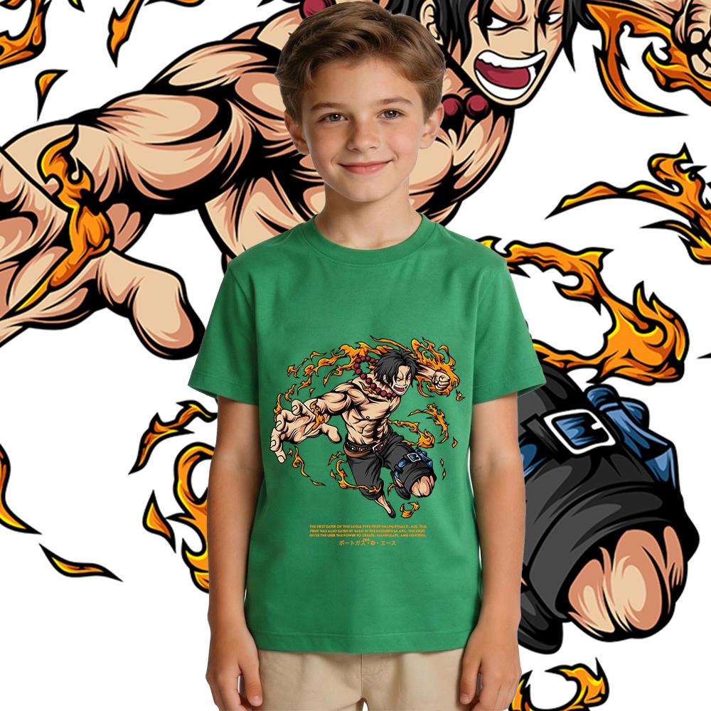 Boys Girls Cotton T Shirt One Piece Ace Anime Print Casual Short Sleeve Kids Summer Top