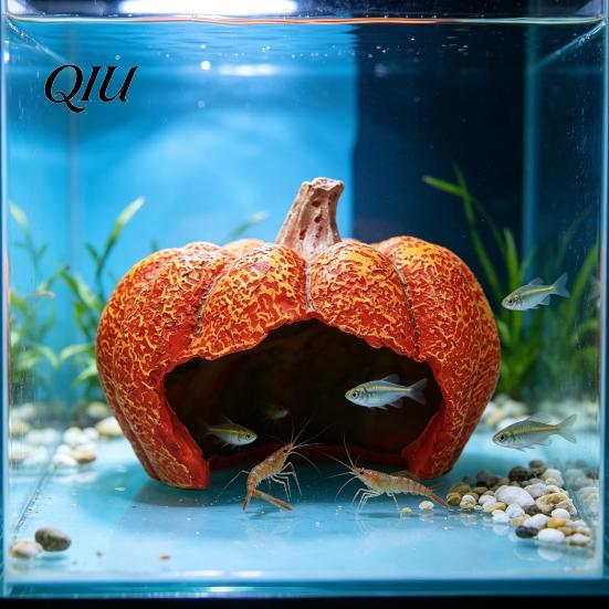 Aquatic Holiday Decoration Halloween Pumpkin Aquarium Hideout, Ghost Face Betta Fish Reptile Tank Accessories Hide Cave, Decorative Shrimp Hideaway