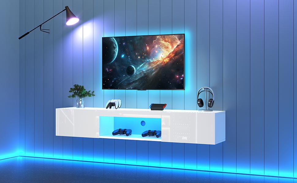 160*31*22cm White High Gloss Wall-Mounted Cabinet for 70-Inch TV, 30kg Load Capacity, with LED Lighting, Bluetooth App Control, Wall-Mounted TV Stand