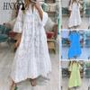 8 Colors S-5XL Women's Fashion Summer Spring Solid Color Print 3/4 Sleeve V-Neck Casual Dresses