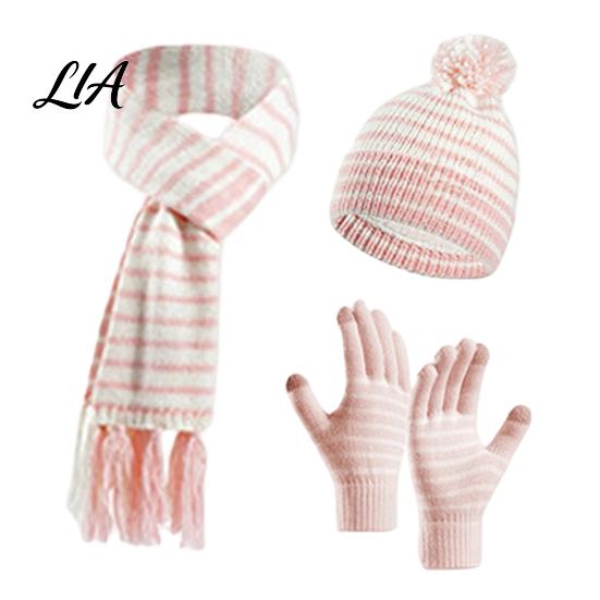Thickened Fleece Warmth Gear 1 Set Winter Hat Scarf Gloves for Kids, Lined Striped Knit with Soft Skin Friendly Pom Pom, Cozy Toddlers Boys Girls Age