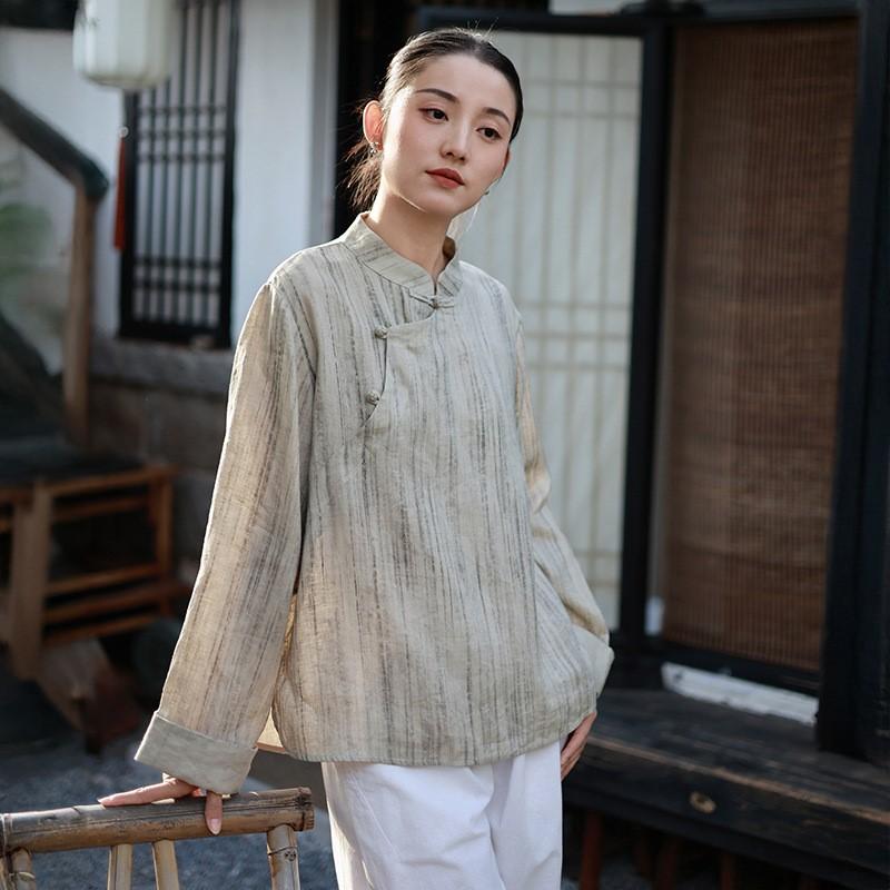 Johnature Женские китайские рубашки, топы, стойка, длинный рукав, блузки на пуговицах, весенние винтажные мягкие женские рубашки