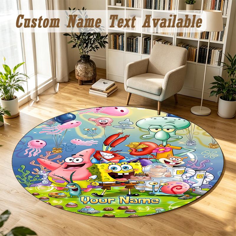 Round Rug Custom NameSpongeBob Pattern Non Slip Carpet Home Floor Decor