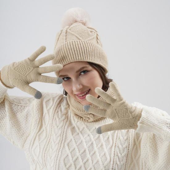 3Pcs/Set Women Hat Scarf Gloves Set Solid Color Design Twist Texture Thickened Warm Plush Lining Hat Scarf Gloves Winter Accessories