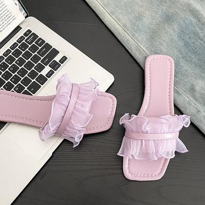 Модные шлепанцы большого размера Женские модные с квадратным носком Открытые сандалии Деревянный край уха Мягкая подошва Противоскользящие износостойкие туфли на плоской подошве