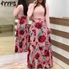 Women's Fashion Spring Fall Flower Pattern Print Long Sleeve O-Neck High Waist Casual Dresses