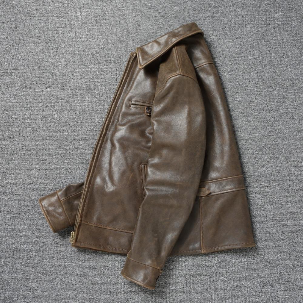 Chinese Size 1940 Style Men Leather Jacket Uncoated Cracked Goatskin Leather Soft Slim Spring Autumn