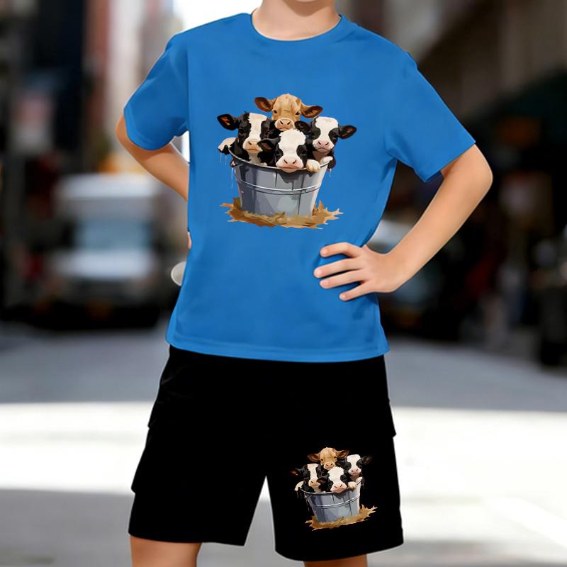 Boys 2 Piece Cartoon Cow Printed Outfit, Short Sleeve T-Shirt and Shorts Set for Kids Age 5-14,white,Black Sporty Casual Summer Clothes