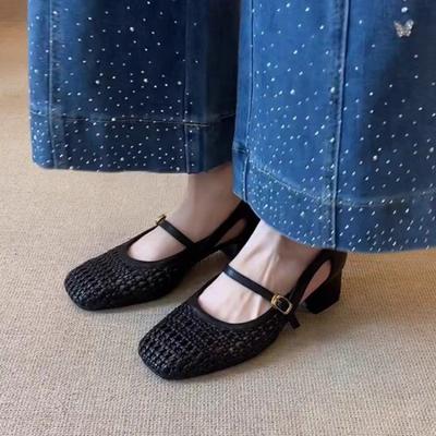 Модная французская крутая одинарная обувь женская с вырезами плетеная средний блочный каблук с мелким вырезом сбоку пустая дышащая обувь Мэри Джейн