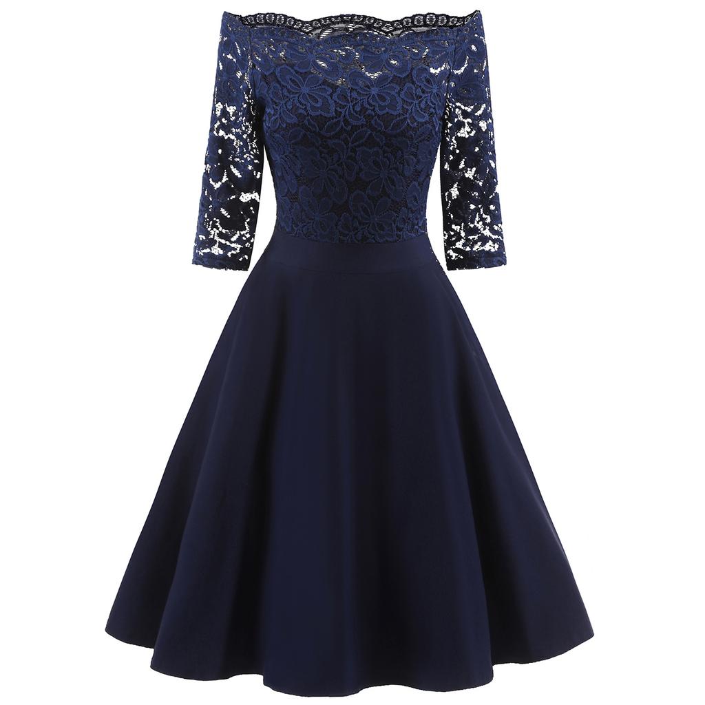 Women Vintage Swing Dress Floral Lace Bodice Off Shoulder Bardot Sheer 3/4 Sleeve Fit and Flare Cocktail Evening Party Going Out Wear Occasion Outfits