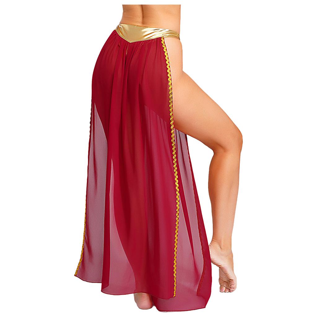 Womens Ancient Queen Costume Briefs Chiffon Skirt Metallic Shiny Side Slit Gold Trims Halloween Outfit