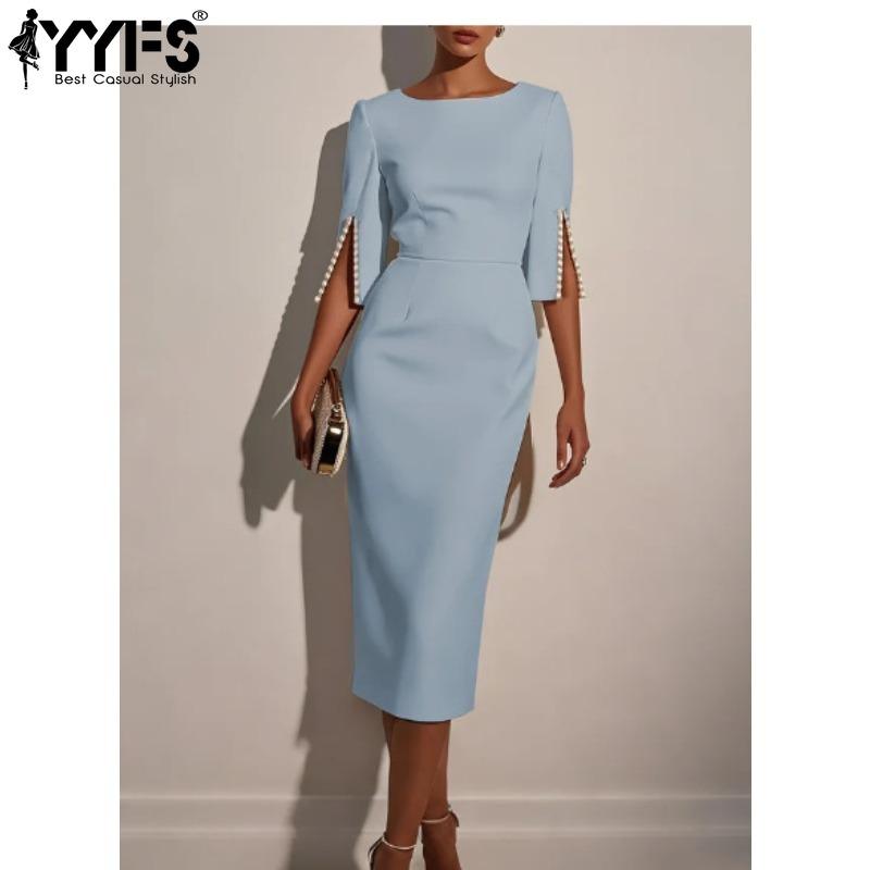 YYFS Women's Fashion Summer Spring Solid Color Print 1/2 Sleeves O-Neck High Waist Casual Dresses