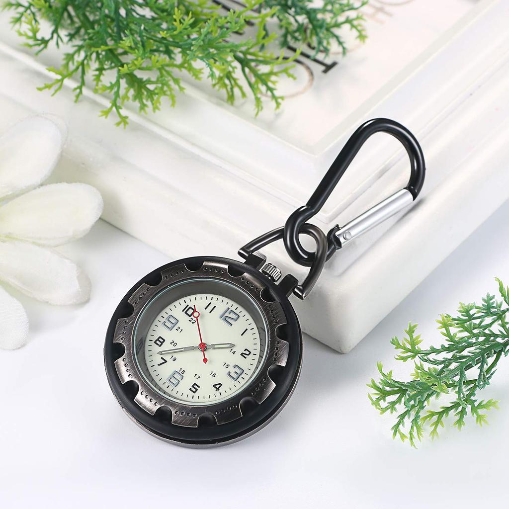 JEWELRYWE Nurse Watch Carabiner Clock Luminous Dial Clock Keychain Simple Bag Pocket Pocket Watch Silver