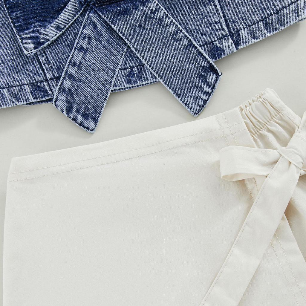 Детский летний комплект из двух предметов для девочек, 1 год, 2 года, 3 года, 4 года, 5 лет, 6 лет, однотонный джинсовый топ без рукавов с бантом и эластичная повседневная юбка, шорты, комплект