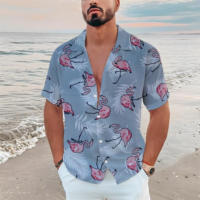TEMU European and American popular Flamingo series 1D printing summer casual lapel button-down shirt short sleeve